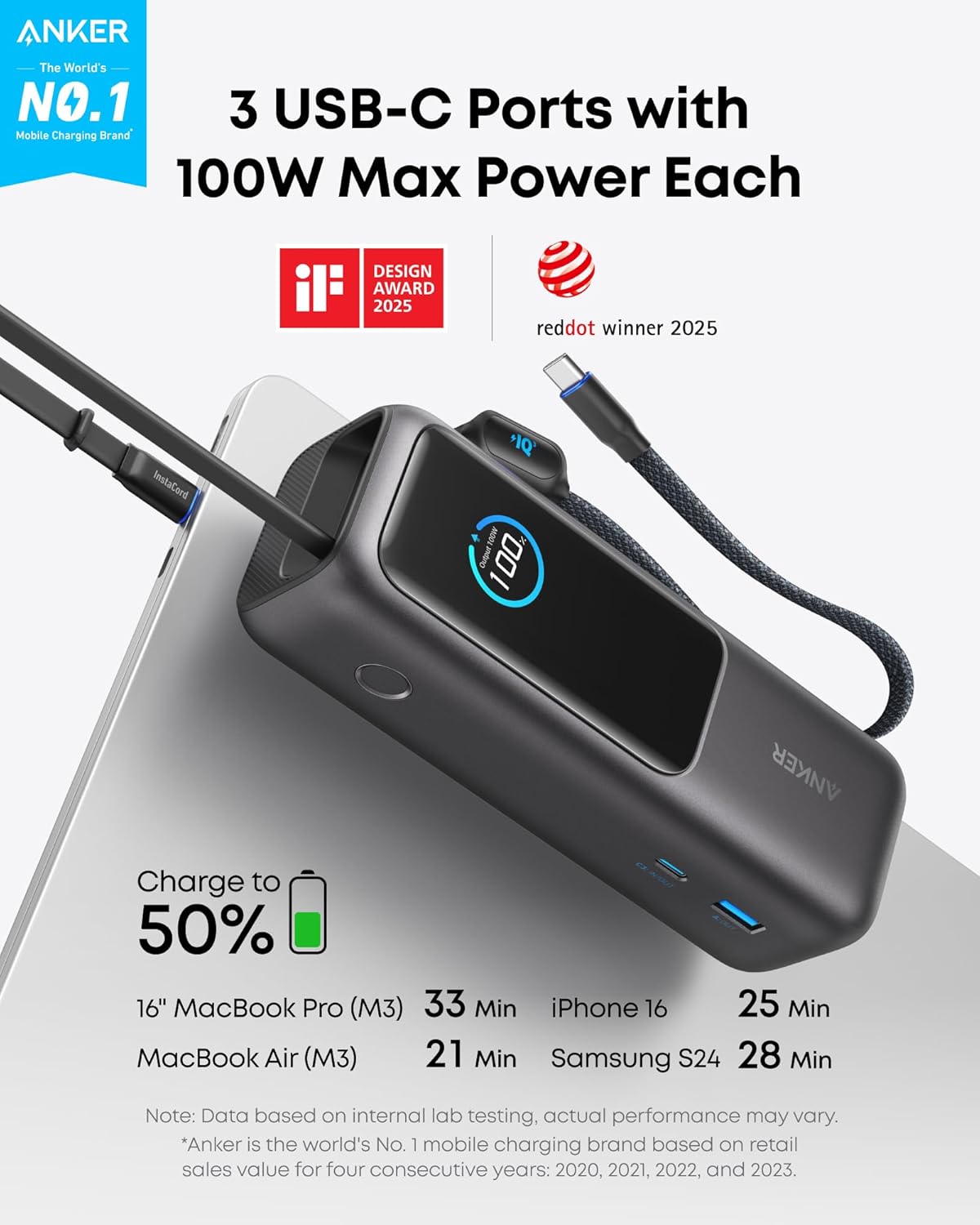 Anker Laptop Power Bank, 25,000mAh Portable Charger with Triple 100W USB-C Ports, Built-in Retractable Cables, Flight-Approved for Travel, iPhone 17/16 Series, MacBook, Samsung, and More