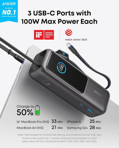 Anker Laptop Power Bank, 25,000mAh Portable Charger with Triple 100W USB-C Ports, Built-in Retractable Cables, Flight-Approved for Travel, iPhone 17/16 Series, MacBook, Samsung, and More