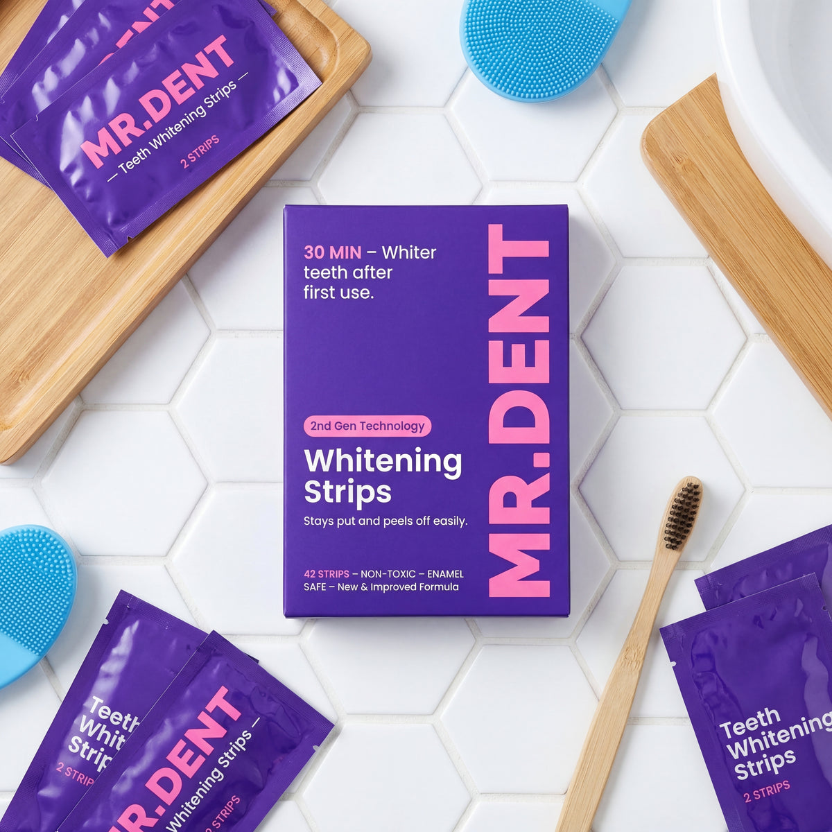 DUP Strisce Sbiancanti Viola MR.DENT — Denti fino a +5 Toni più Bianchi in Pochi Giorni (Copia)